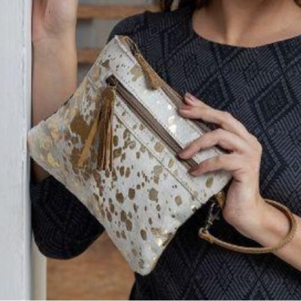 Myra Bag, Spotted Metallic Gold, Leather Cowhide Clutch Wristlet